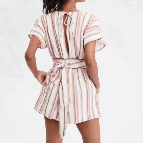 American Eagle Stripe Linen Blend Romper - Women's Size Small Long - Picture 2 of 8